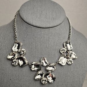 Silver Toned Crystal Asymmetrical Bib Necklace